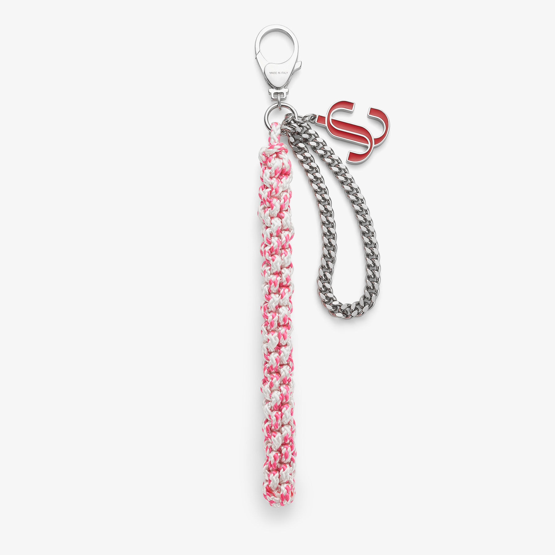 Jimmy Choo Braided Rope Charm In Candy Pink/red/silver