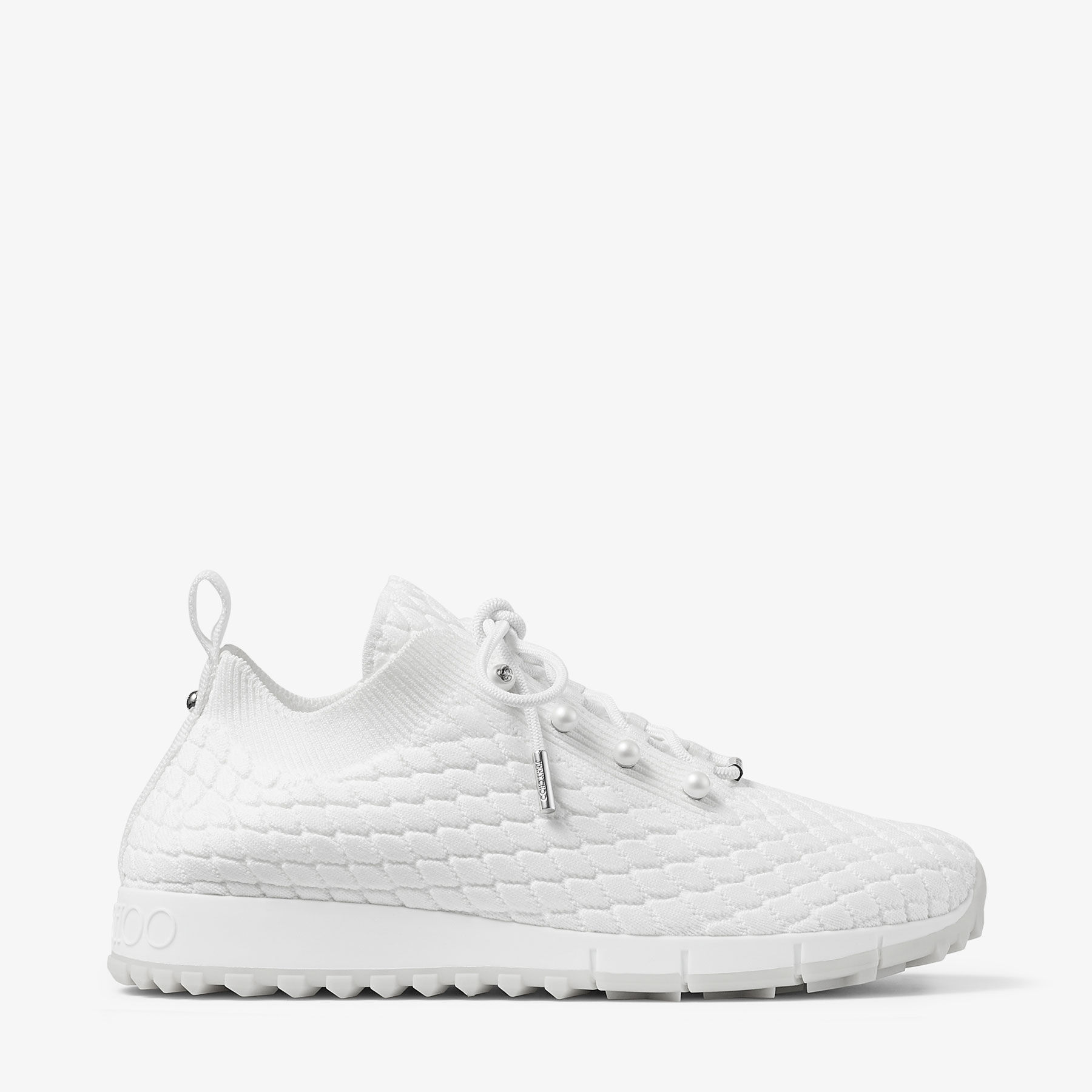 Jimmy Choo Veles Cotton Knit Pearly Stud Sneakers In White