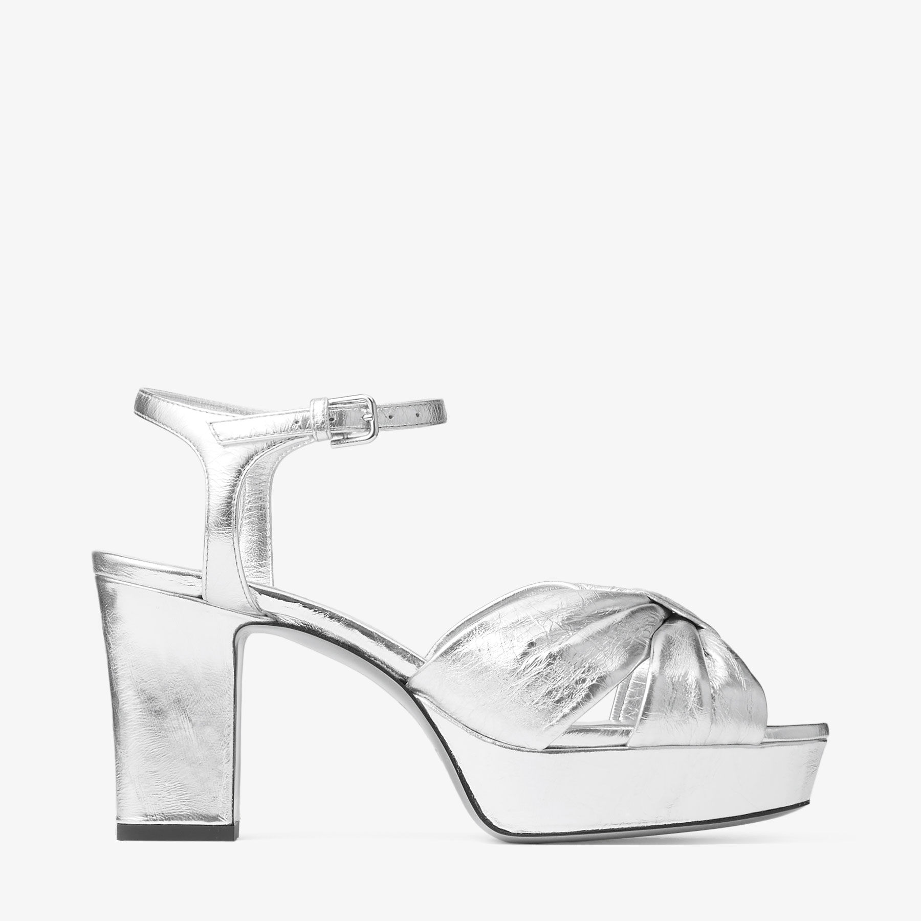 Jimmy Choo Heloise 80 Silver Vintage Metallic Leather Platform Sandals Silver 41