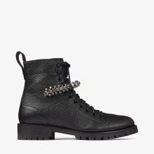 Black Grainy Leather Combat Boots with Crystal Detail CRUZ FLAT Autumn Winter 19 JIMMY CHOO