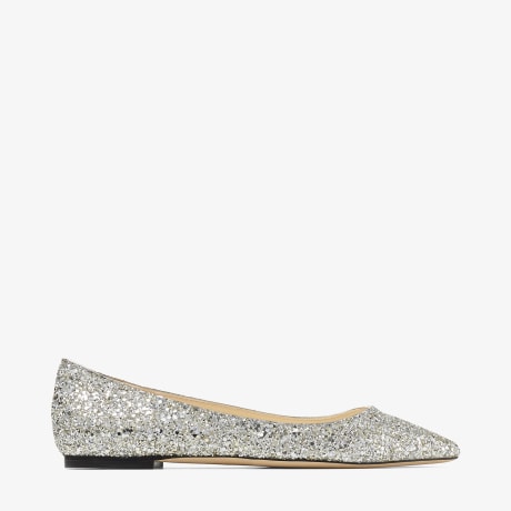 Champagne Coarse Glitter Fabric Pointed Flats ROMY Flats Pre Fall JIMMY CHOO
