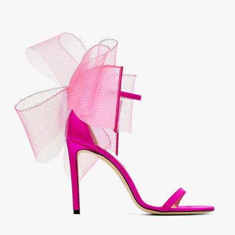 Sandaletten mit asymmetrischen Fascinator Schleifen aus Ripsband in Fuchsie AVELINE 100 Winterkollektion 2021 JIMMY CHOO
