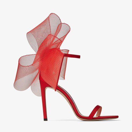 Red Sandals with Asymmetric Grosgrain Mesh Fascinator Bows AVELINE 100 Spring Summer 2021 JIMMY CHOO