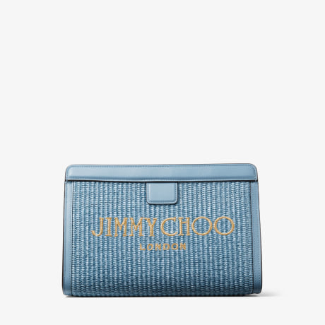 Avenue Pouch | 刺綉飾烟青色拉菲草織拼皮革手拿包| JIMMY CHOO
