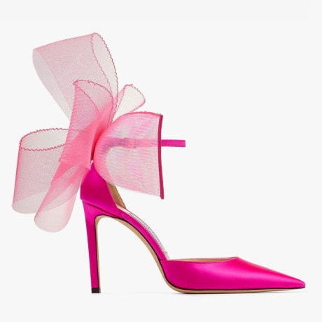 Fuchsia Pumps with Asymmetric Grosgrain Mesh Fascinator Bows AVERLY 100 Winter 2021 Collection JIMMY CHOO