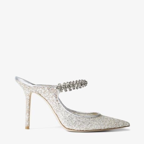 Bing 100 | Silver Glitter Tulle Mules with Crystal Strap | JIMMY CHOO