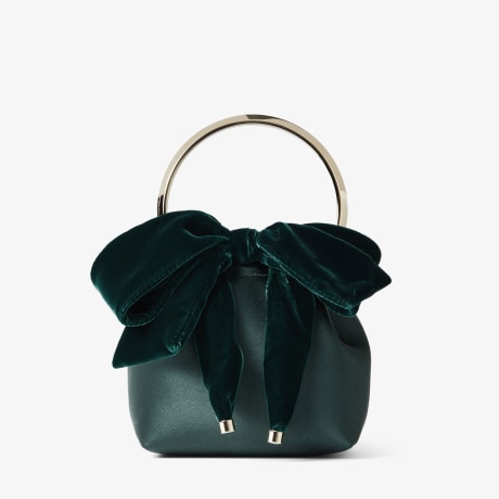 Bon Bon Dark Green Satin Bucket Bag with Velvet Bow JIMMY CHOO