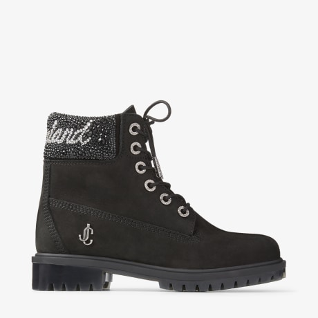 Black Timberland Nubuck Ankle Boots with Crystal Logo | JIMMY CHOO 