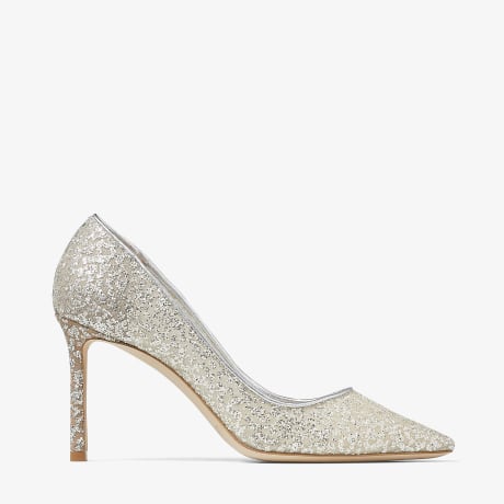 Silver Glitter Tulle and Metallic Nappa Pointy Toe Pumps ROMY 85 Spring Summer 2021 JIMMY CHOO