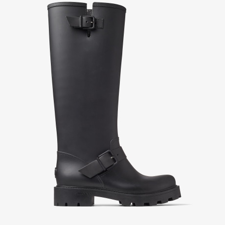 Black Biodegradable Rubber Knee-High Rain Boots | YAEL FLAT TALL | Winter  2021 Collection | JIMMY CHOO AU
