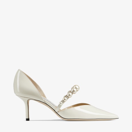 Latte Patent Leather Pointed Pumps with Pearl Embellishment | AURELIE ...