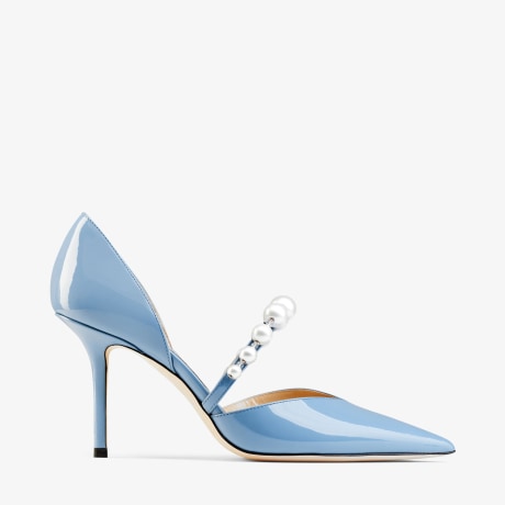 AURELIE 85 | Smoky Blue Patent Leather Pointed Pumps with Pearl ...