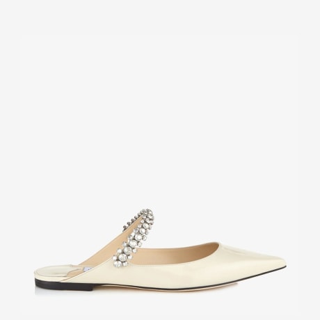 Bing Flat | Linen Patent Leather Mules with Crystal Strap | JIMMY CHOO