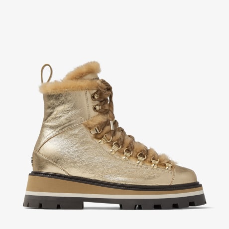 CHIKE SHEARLING | Gold Metallic Nappa Ankle Boots with Shearling Trim ...