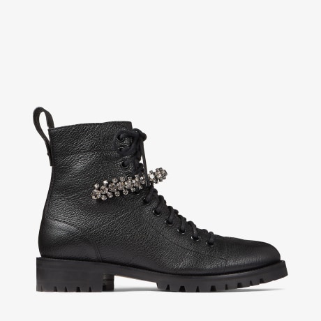 Black Grainy Leather Combat Boots with Crystal Detail CRUZ FLAT Autumn Winter 19 JIMMY CHOO