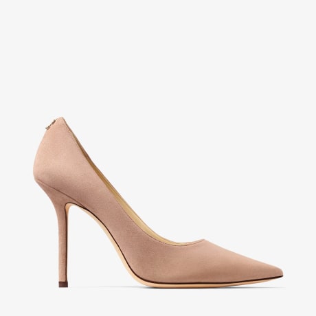 Ballet Pink Suede Pointy Toe Pumps with Jimmy Choo Button LOVE 100
