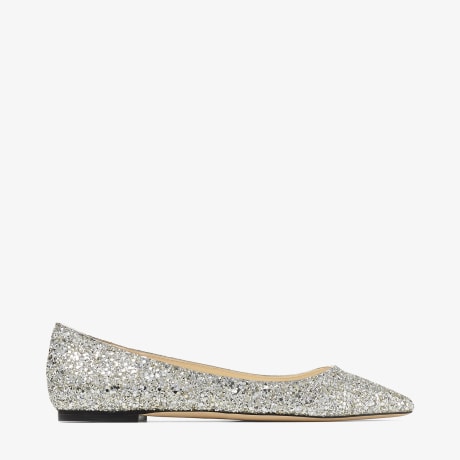 Champagne Coarse Glitter Fabric Pointed Flats | ROMY Flats | Pre-Fall | JIMMY  CHOO