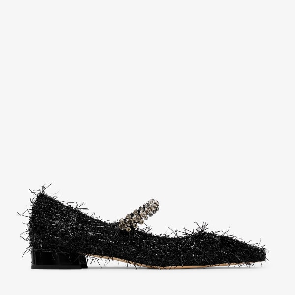 Bing Flat | Linen Patent Leather Mules with Crystal Strap | JIMMY CHOO