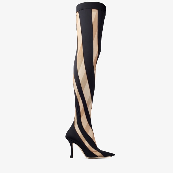 Black and Nude Sheer Spiral Stretch Fabric Sock Over The Knee Boots JIMMY CHOO NZ MUGLER SOCK OTK BOOT JIMMY CHOO NZ Mugler JIMMY CHOO NZ