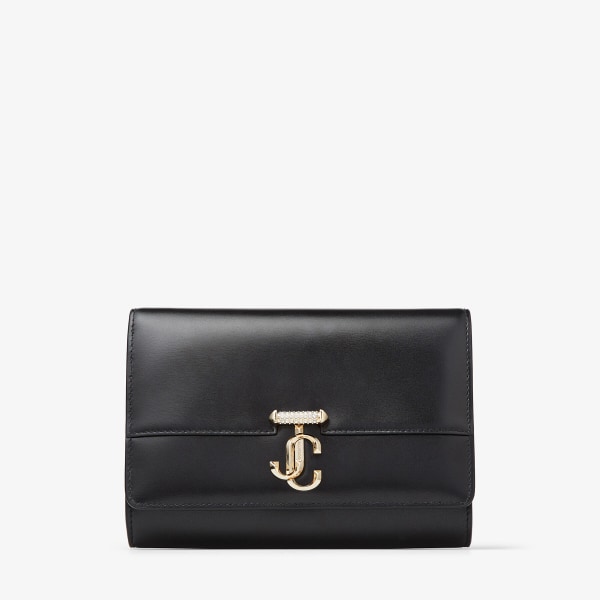Black Box Leather Clutch Bag with Crystal-Embellished Light Gold JC Emblem  | AVENUE CLUTCH | Summer 2022 collection | JIMMY CHOO