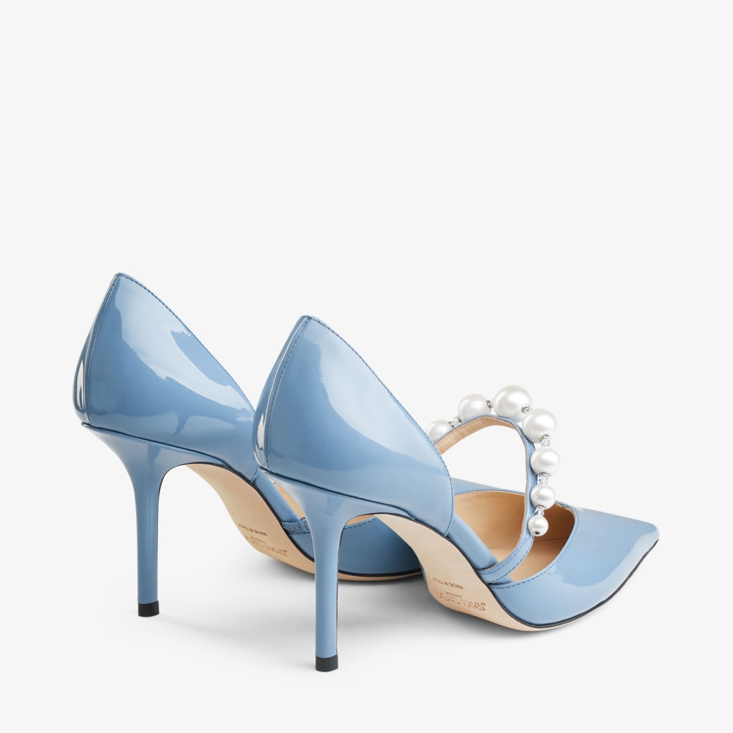 AURELIE 85 Smoky Blue Patent Leather Pointed Pumps with Pearl