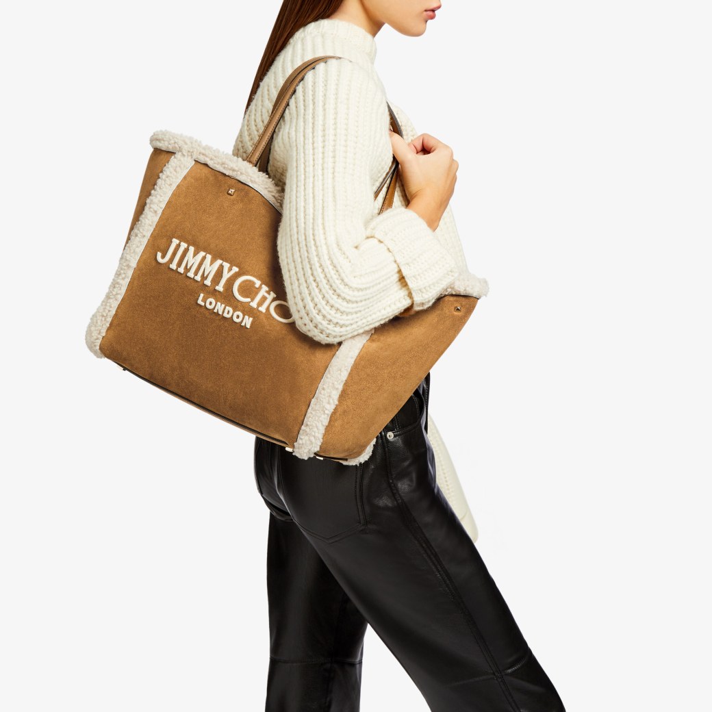 AVENUE TOTE BAG Khaki Brown Suede and Shearling Tote Bag with