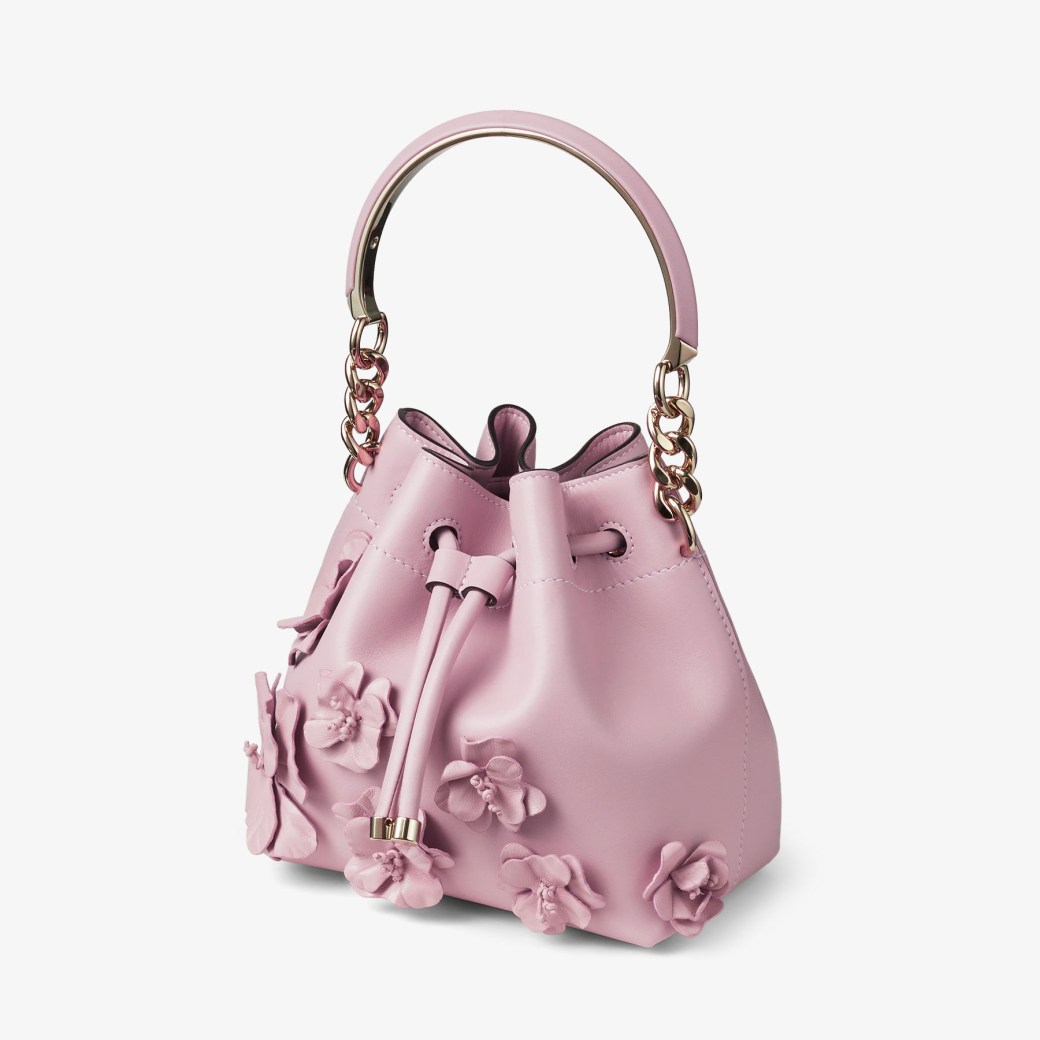 Bon Bon Bucket S | Rose Calf Leather Mini Bucket Bag with Flowers 