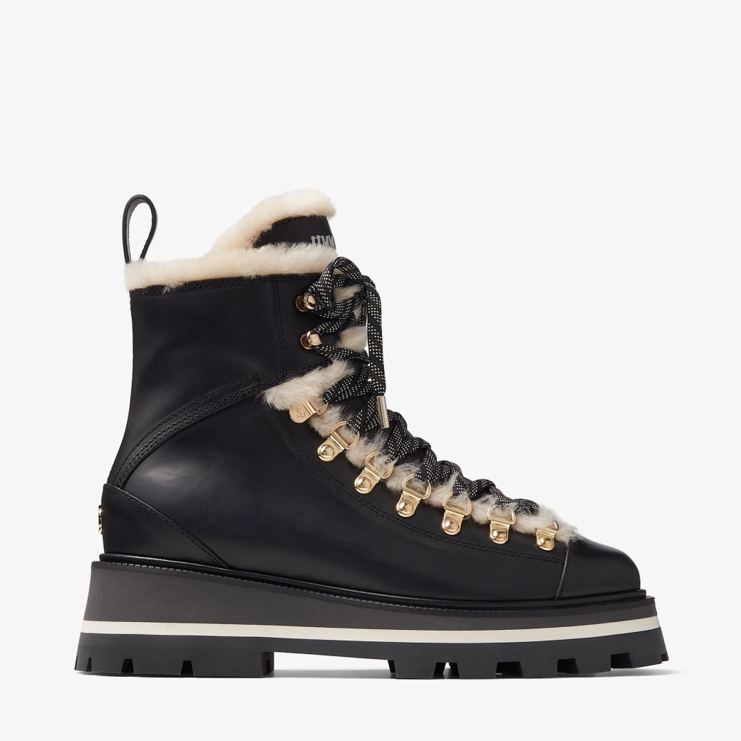 CHIKE SHEARLING Black Vachetta Ankle Boots with Shearling Trim