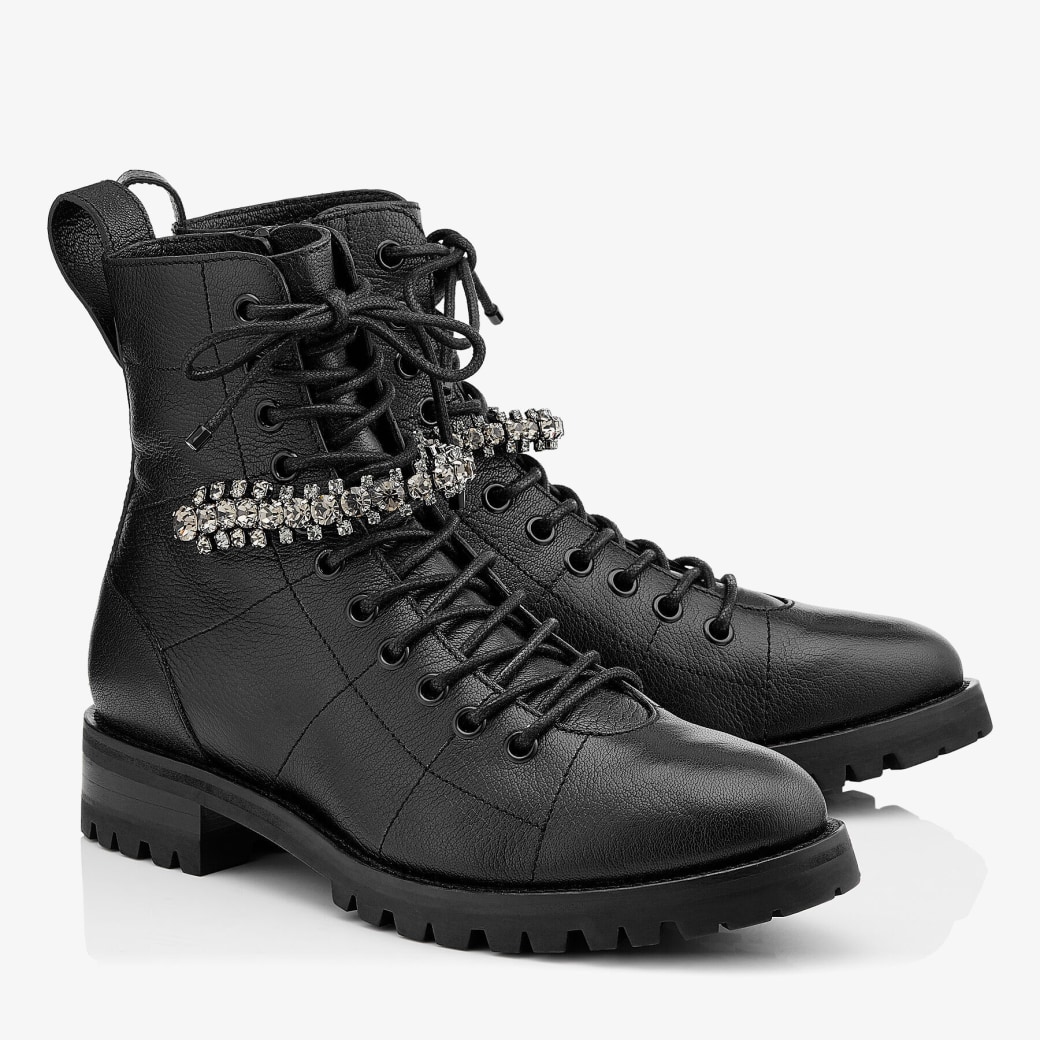 Black Grainy Leather Combat Boots with Crystal Detail CRUZ FLAT Autumn Winter 19 JIMMY CHOO