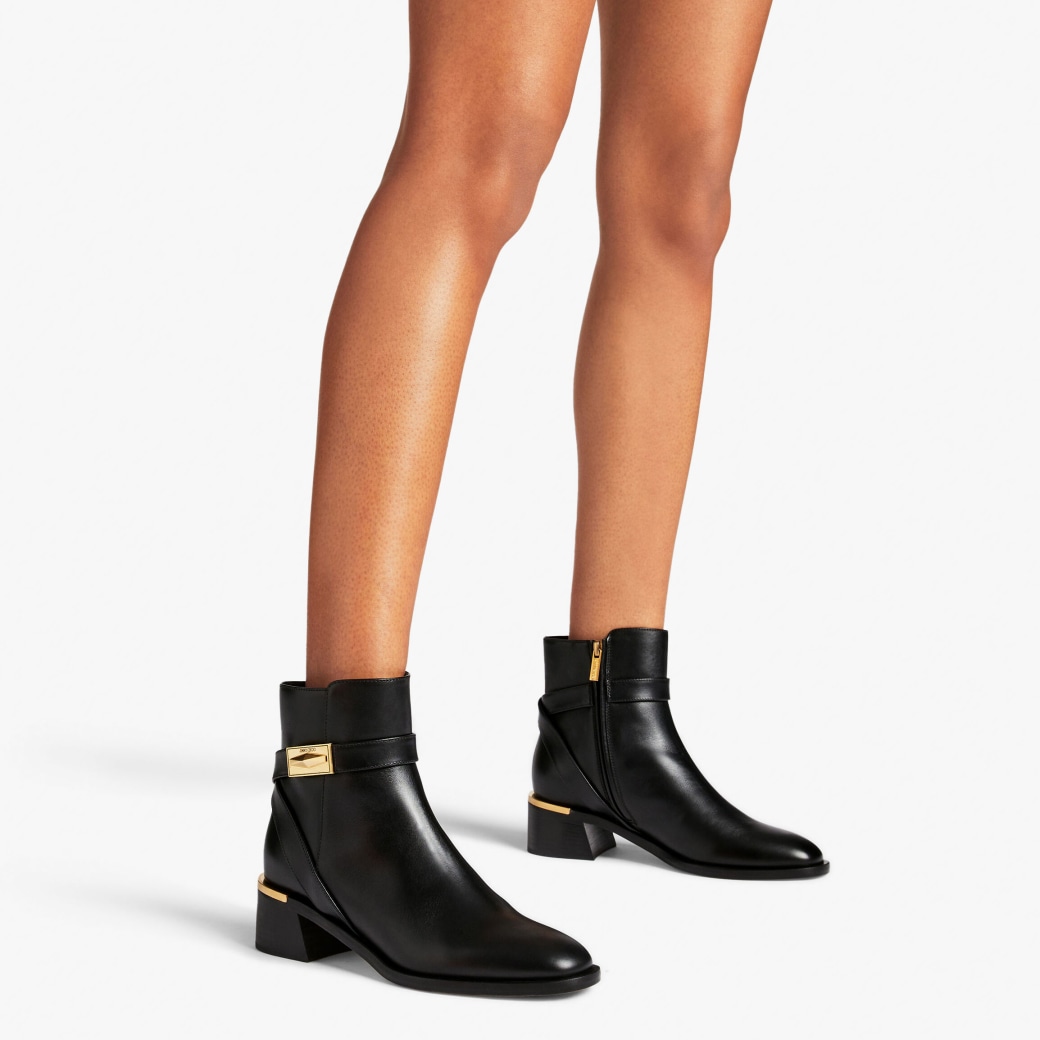 Diantha 45 Black Calf Leather Ankle Boots with Diamond Hardware