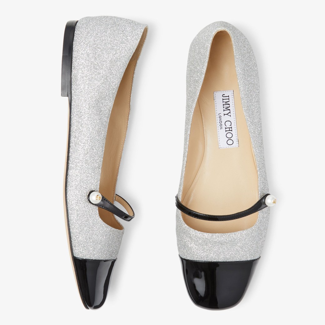 ELISA FLAT Silver Fine Glitter and Black Patent Leather Flats