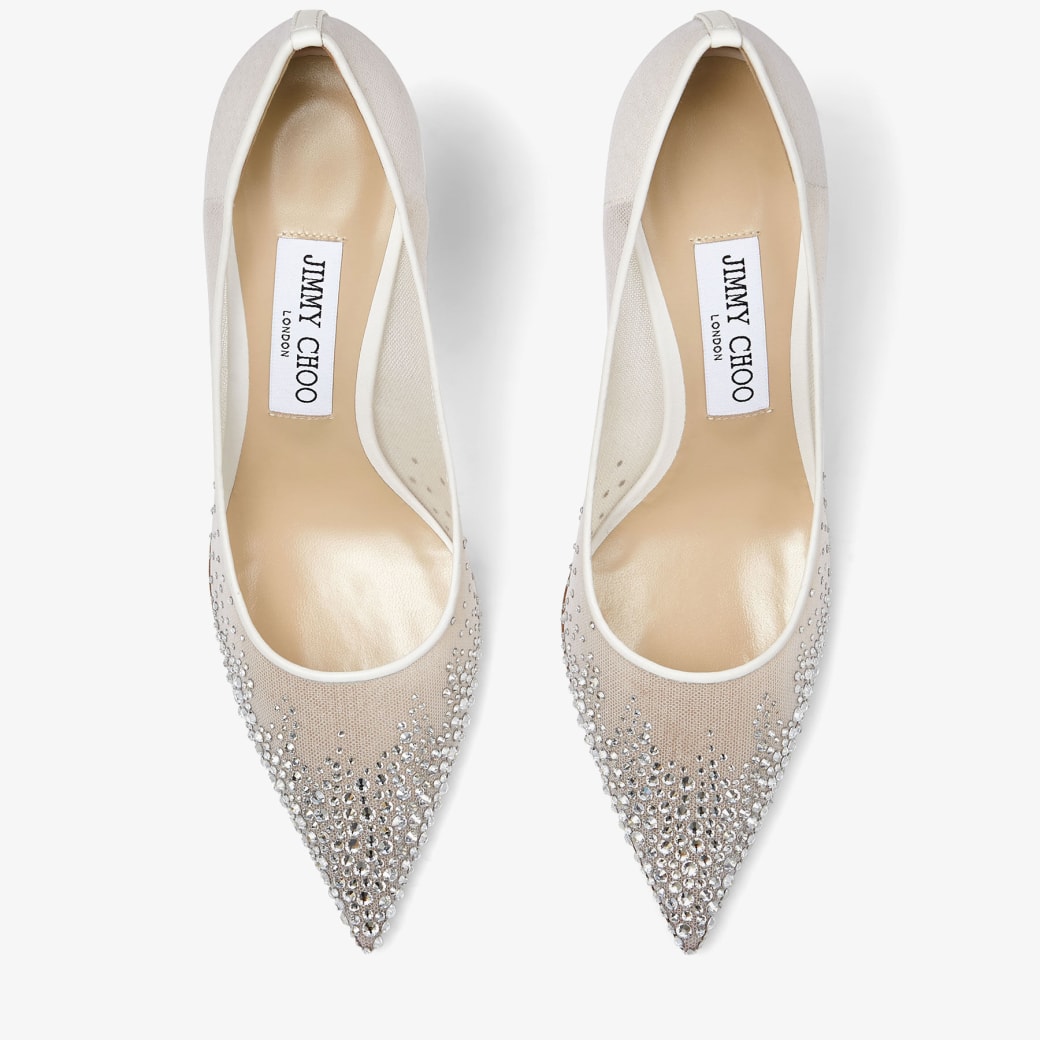 White Mesh Pointed-Toe Pumps with Dégradé Crystals | LOVE 85