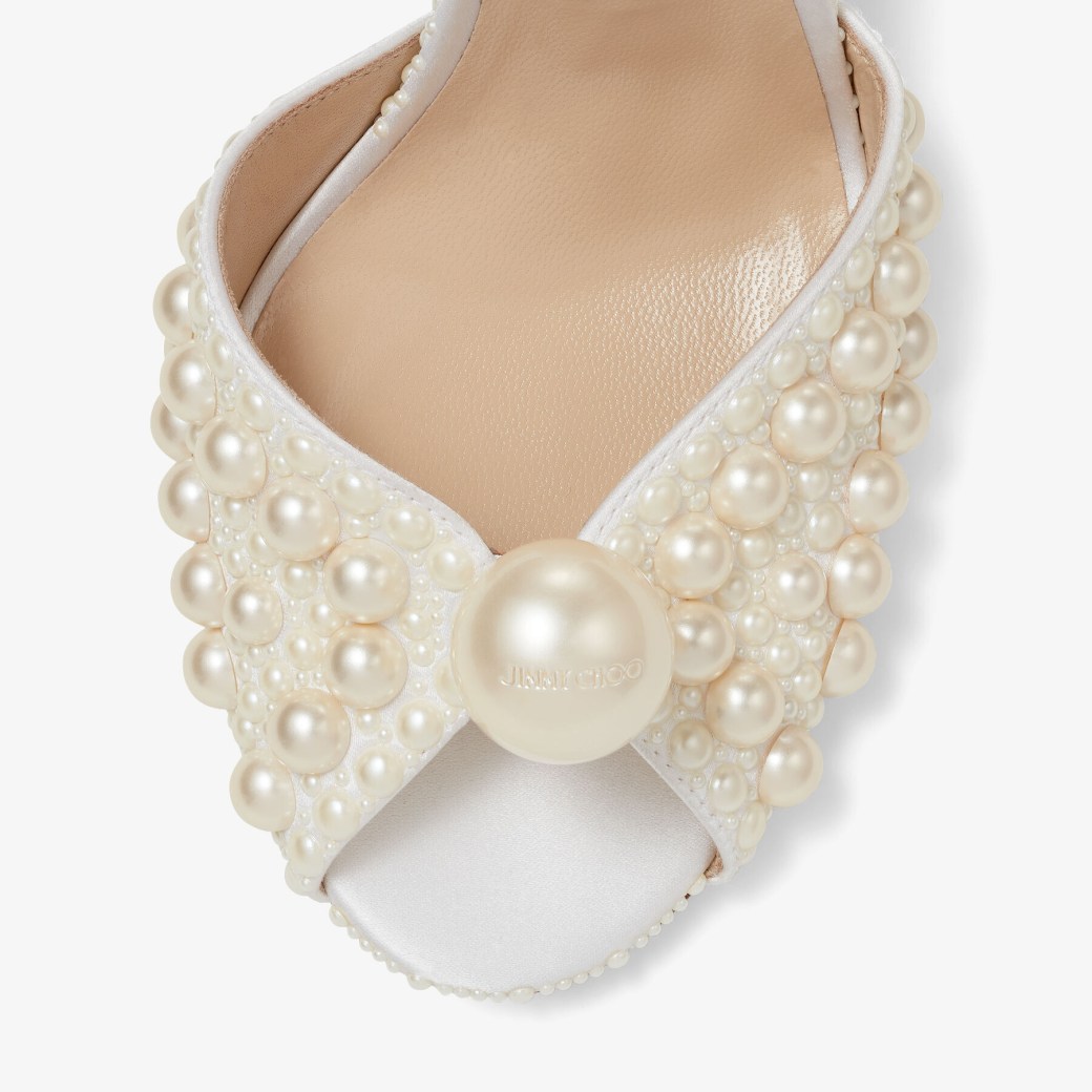 White Satin Sandals with All Over Pearl Embellishment SACARIA