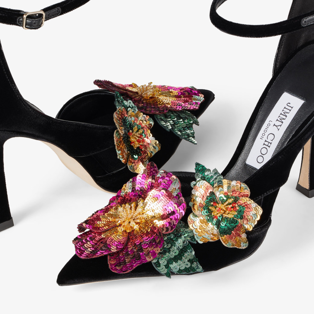 AZARA 100 D collet in velluto nero con fiori di paillettes