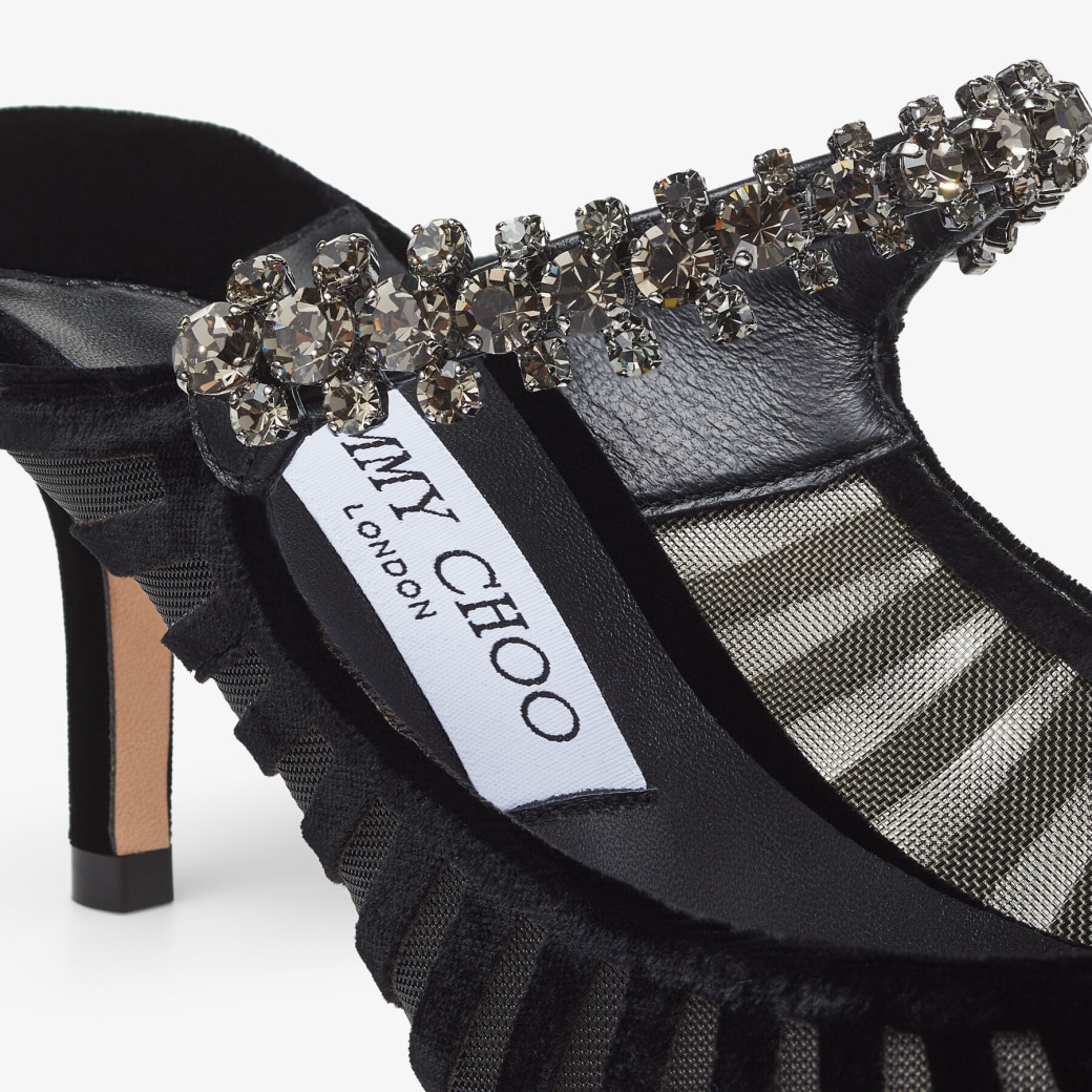 Bing 65 Black Flocked Striped Mesh Mules with Swarovski Crystals