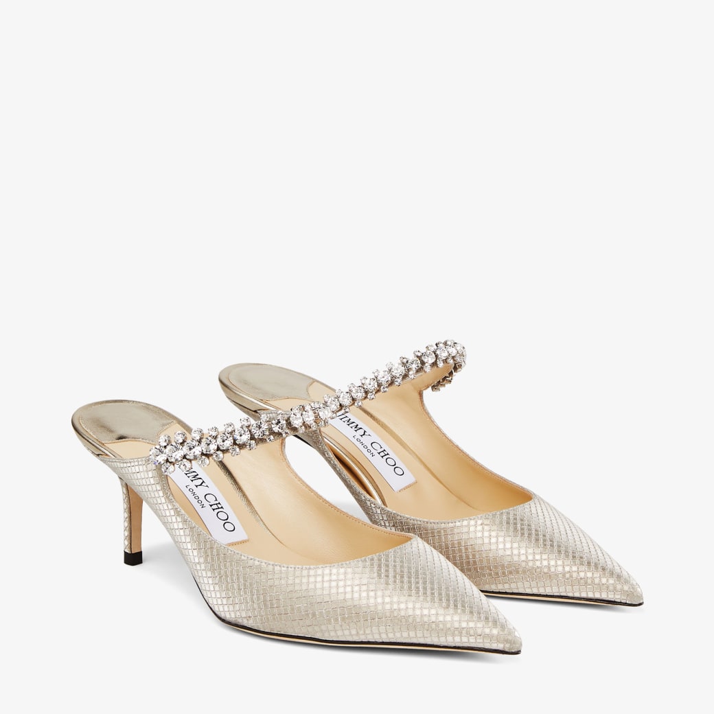 BING 65 | Champagne Glitter Fabric Mules with Crystal Strap 