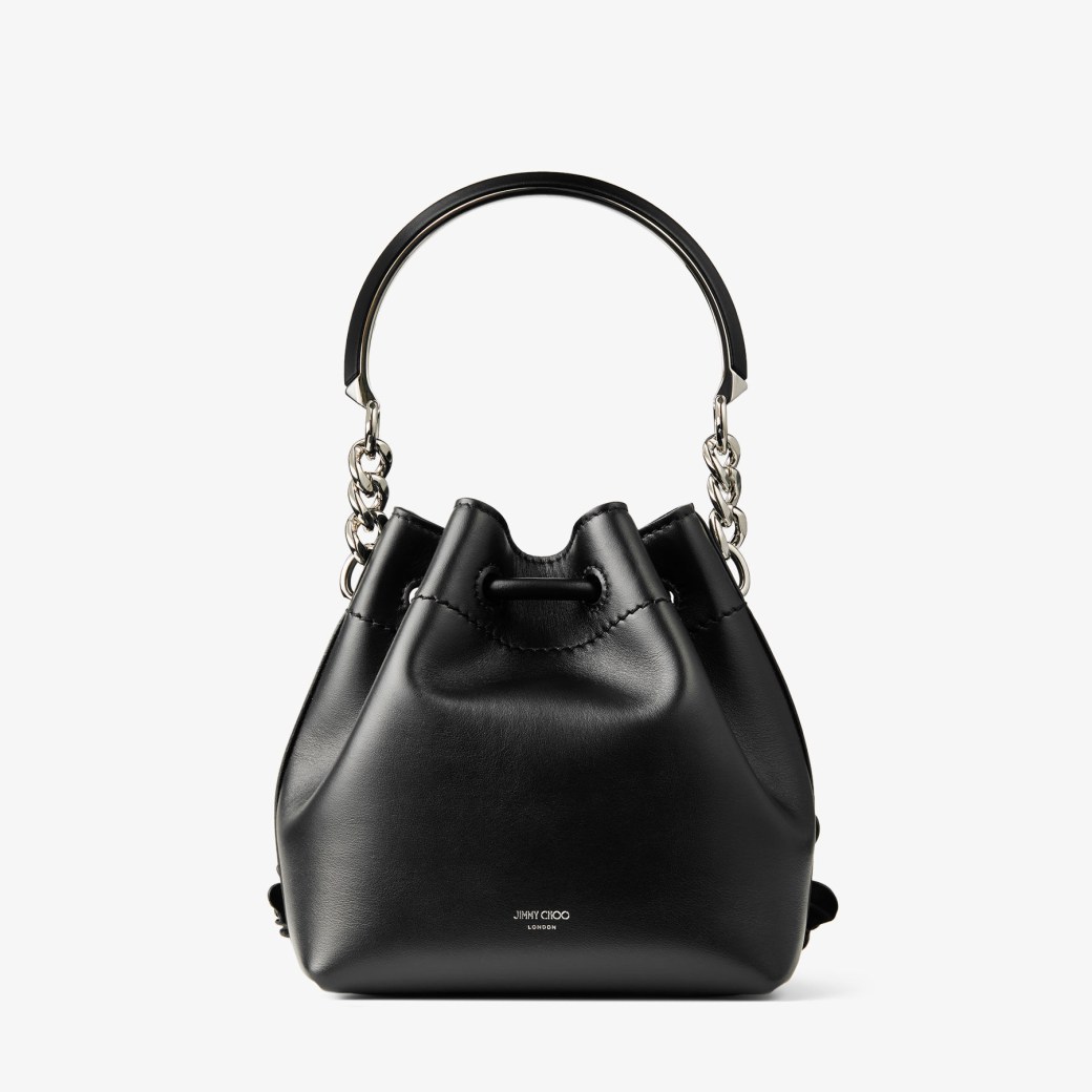 Bon Bon Bucket S Black Calf Leather Mini Bucket Bag with Flowers