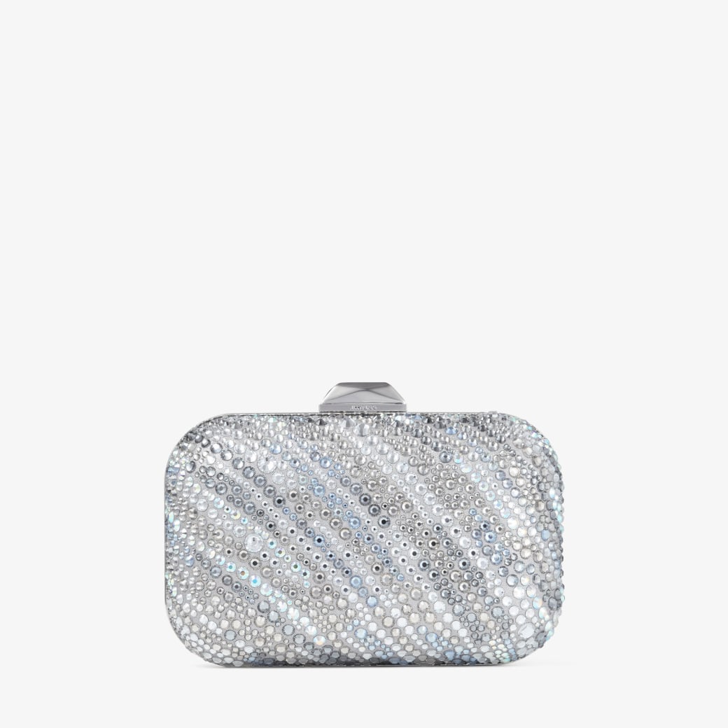 Cloud Silver Shimmer Suede Crystal Clutch Bag JIMMY CHOO