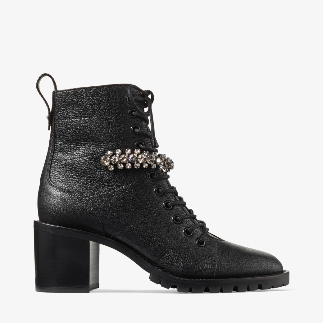 Black Grained Leather Lace Up Combat Boots with Crystal CRUZ 65 Autumn Winter 19 JIMMY CHOO