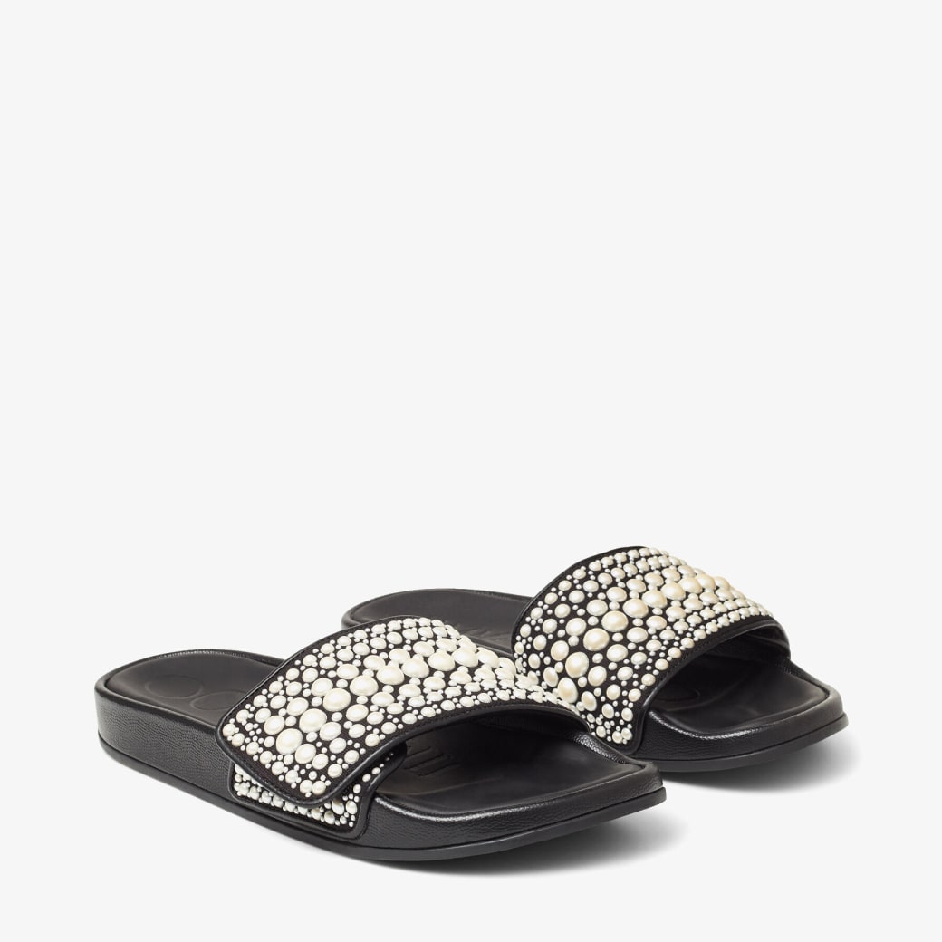 Black Canvas and Leather Slides with Pearls FITZ F High Summer