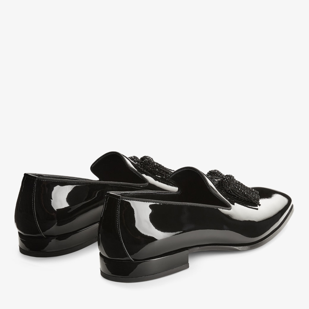 FOXLEY M Black Patent Slip On Shoes with Crystal Tassels