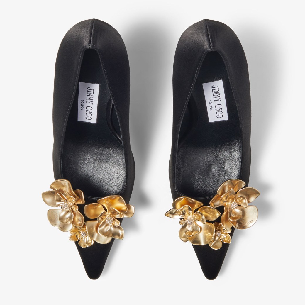 IXIA 95 Black Satin Pumps with Flowers New Collection JIMMY CHOO