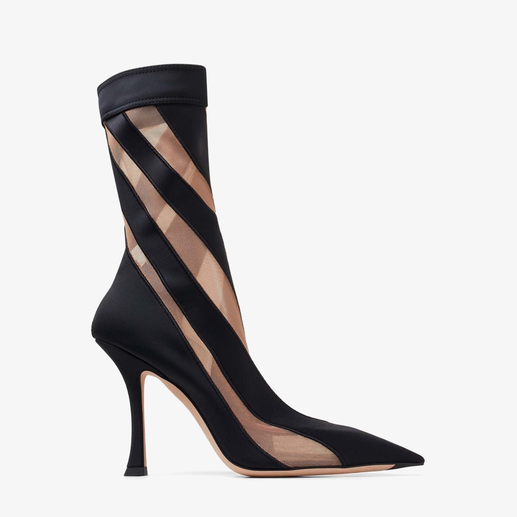 Black and Nude Sheer Spiral Stretch Fabric Sock Ankle Boots