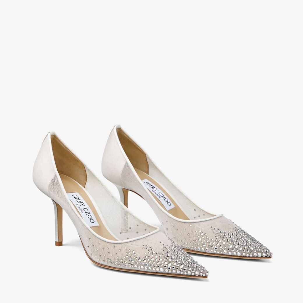White Mesh Pointed Toe Pumps with D grad Crystals LOVE 65
