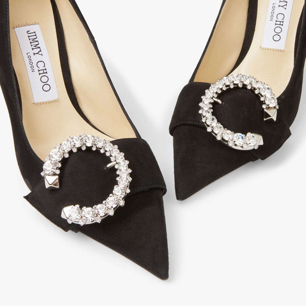 MELVA 70 Black Suede Pointed Toe Pumps with Crystal Buckle