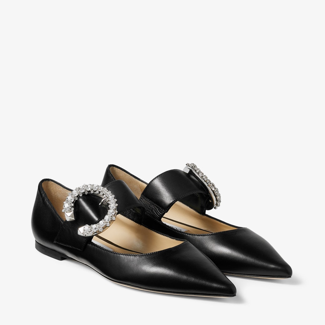 Melva Ballerina Black Nappa Leather Ballerina Pumps with Crystal