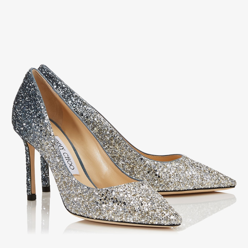 Silver and Dusk Blue D grad Glitter Fabric Pumps ROMY 85