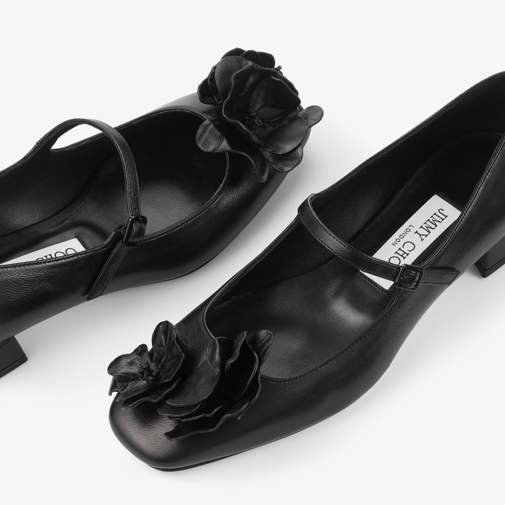 Rosa Flowers Flat Black Nappa Leather Flats with Flowers New