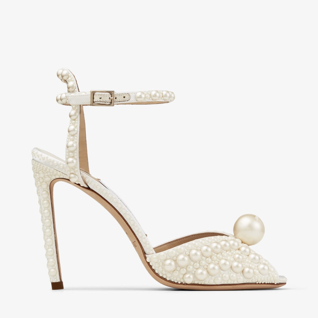 White Satin Sandals with All Over Pearls SACORA 100 Autumn