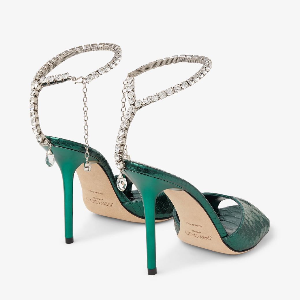 SAEDA SANDAL 100 Champagne Metallic Snake Printed Leather Sandals with Crystal Chain New Collection JIMMY CHOO